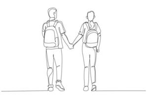 Illustration von ein paar Studenten mit Rucksack, die weggehen. Einzeiliger Kunststil vektor