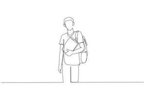 Karikatur eines jungen College-Studenten mit Rucksack und Büchern. Kunst im Stil einer Linie vektor