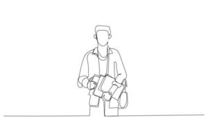 karikatur eines asiatischen studenten mit einem selbstbewussten blick, der einen rucksack trägt, der bereit ist, zum unterricht zu gehen. Einzeiliger Kunststil vektor