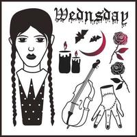 set mit wednesday addams with her friend thing hand, kontrabass, kerzen mit mystischer stimmung. vektor