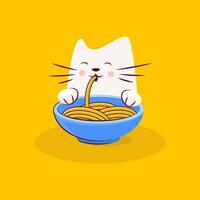 söt vit katt äter spaghetti gul bakgrund vektor
