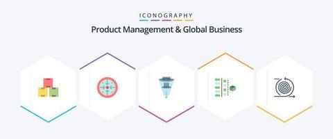 Produktmanagement und globales Geschäft 25 flaches Symbolpaket einschließlich Planung. Phasen. Prozess. Entwicklung. Filterung vektor