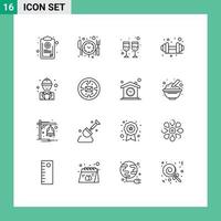 16 Benutzeroberflächen-Gliederungspaket mit modernen Zeichen und Symbolen von Arbeitsingenieuren, die Chef-Fitnessstudio bearbeiten, editierbare Vektordesign-Elemente vektor