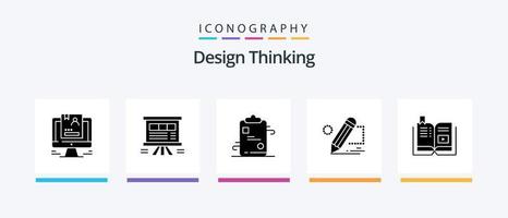 Design Thinking Glyph 5 Icon Pack inklusive Bemalung. Bleistift. Diagramm. Papier. Checkliste. kreatives Symboldesign vektor