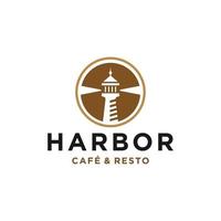 Leuchtturm-Leuchtfeuer-Suchscheinwerfer-Hafen-Logo-Design im trendigen linearen Liniensymbol-Stil für ein Café-Geschäft und Restaurant vektor