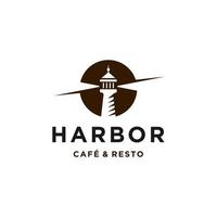 Leuchtturm-Leuchtfeuer-Suchscheinwerfer-Hafen-Logo-Design im trendigen linearen Liniensymbol-Stil für ein Café-Geschäft und Restaurant vektor