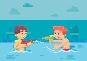 Zwei Kinder spielen Wasserpistole am Pool vektor