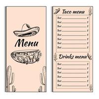 mexikanisches menütischset lebensmittelrestaurant, taco-menüvorlage. vintage kreative abendessenbroschüre mit handgezeichneter grafik. Vektor-Speisekarte-Flyer. vektor