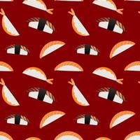 Sushi auf nahtlosem Muster des roten Hintergrundes. japanisches, asiatisches lebensmitteldesign für mode, stoff, textil, tapeten, cover. Vektor-Illustration.