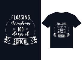 meine 100 Tage Schulillustrationen für druckfertige T-Shirt-Designs mit Zahnseide durchgehen vektor