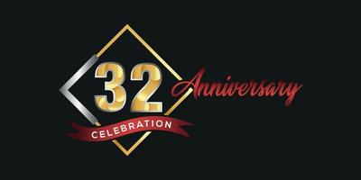 32: a årsdag logotyp med gyllene och silver- låda, konfetti och röd band isolerat på elegant svart bakgrund, vektor design för hälsning kort och inbjudan kort