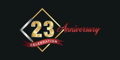 23: e årsdag logotyp med gyllene och silver- låda, konfetti och röd band isolerat på elegant svart bakgrund, vektor design för hälsning kort och inbjudan kort