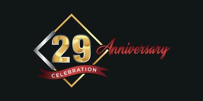 29: e årsdag logotyp med gyllene och silver- låda, konfetti och röd band isolerat på elegant svart bakgrund, vektor design för hälsning kort och inbjudan kort