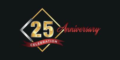 25:e årsdag logotyp med gyllene och silver- låda, konfetti och röd band isolerat på elegant svart bakgrund, vektor design för hälsning kort och inbjudan kort