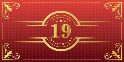 Logo zum 19. Jahrestag mit goldenem Ring, Konfetti und Goldrand isoliert auf elegantem rotem Hintergrund, Funkeln, Vektordesign für Grußkarten und Einladungskarten vektor