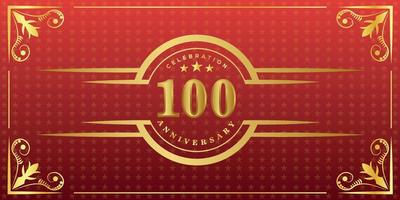 100:e årsdag logotyp med gyllene ringa, konfetti och guld gräns isolerat på elegant röd bakgrund, gnistra, vektor design för hälsning kort och inbjudan kort
