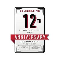 12 år årsdag logotyp firande och inbjudan kort med röd band isolerat på vit bakgrund vektor