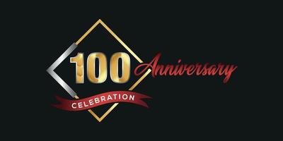 100:e årsdag logotyp med gyllene och silver- låda, konfetti och röd band isolerat på elegant svart bakgrund, vektor design för hälsning kort och inbjudan kort