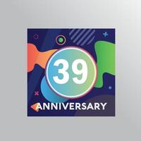 39: e år årsdag logotyp, vektor design födelsedag firande med färgrik bakgrund och abstrakt form.
