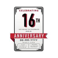 16 år årsdag logotyp firande och inbjudan kort med röd band isolerat på vit bakgrund vektor