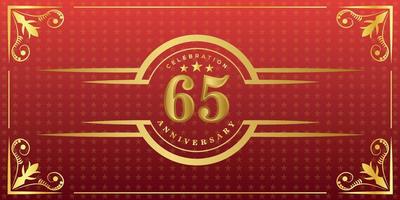 65:e årsdag logotyp med gyllene ringa, konfetti och guld gräns isolerat på elegant röd bakgrund, gnistra, vektor design för hälsning kort och inbjudan kort