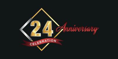 24:e årsdag logotyp med gyllene och silver- låda, konfetti och röd band isolerat på elegant svart bakgrund, vektor design för hälsning kort och inbjudan kort