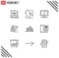 Stock Vector Icon Pack mit 9 Zeilen Zeichen und Symbolen für Hill Hotel Computer Machine PC editierbare Vektordesign-Elemente