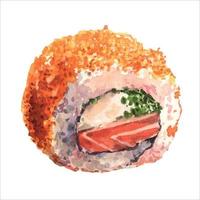 sushi kalifornien med grädde ost och gräslök och lax. vattenfärg illustration isolerat på vit bakgrund. vektor