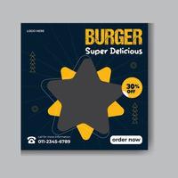 Köstlicher Burger-Social-Media-Beitrag für Lebensmittelwerbung und Web-Banner-Vorlage vektor