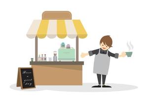 barista mit einer tasse heißen getränken und café-kiosk-vektorillustration. Straßencafé flaches Design. vektor