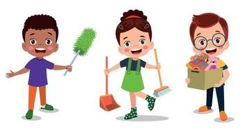 vektor tecknad serie barn rengöring på Hem uppsättning barn i olika rengöring positioner