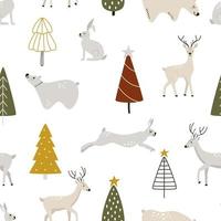 söt nordic djur med jul träd i hygge stil. sömlös vektor mönster med kanin, björnar, och rådjur. ny år och jul högtider