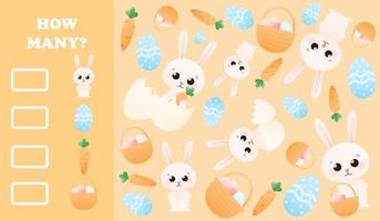 färgrik barnslig gåta för påsk med söt kanin karaktär, korg med målad ägg och morötter, pedagogisk räkning spel för ungar, tryckbar kalkylblad för skola eller dagis vektor