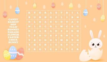 Wortsuchspiel für Kinder, Osterferienthema mit niedlichem Tiercharakter - Hase in Eierschale, bunt bemalte Eier herum, einfaches Rätsel für Kinderbücher auf orangefarbenem Hintergrund vektor