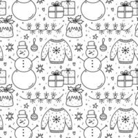 süßes nahtloses weihnachtsmuster mit schneemann, weihnachtspudding, geschenken, hässlichem pullover, schneeflocken, girlanden, sternen. Vektor handgezeichnete Doodle-Illustration. perfekt für Geschenkpapier, Dekorationen, Tapeten.