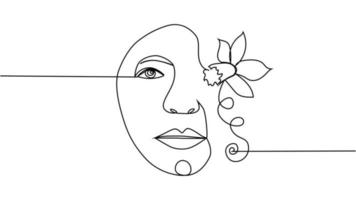 Frau Gesicht mit Blumen eine Strichzeichnung. fortlaufende Strichzeichnung Blumenstrauß bei der Frau vektor