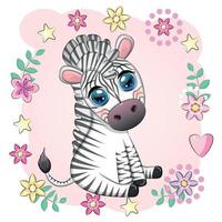 niedliches Cartoon-Zebra sitzt in Blumen. kindlicher gestreifter charakter, afrikanische tiere vektor