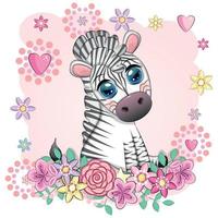 niedliches Cartoon-Zebra sitzt in Blumen. kindlicher gestreifter charakter, afrikanische tiere vektor