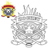 Vektor des Tigerkopfbiss-Hockeyschlägers, des Hockey-Logo-Teams, der Farbseite oder des Buches