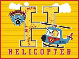 Hubschrauberkarikaturvektor mit lustigem Bärenpiloten, Flugzeuge mit großem h-Buchstaben auf gestreiftem Hintergrund vektor