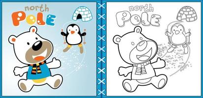 vektor tecknad serie av polär Björn med skidåkning pingvin, färg sida eller bok