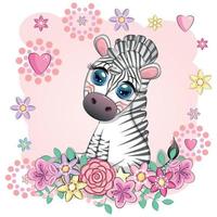 niedliches Cartoon-Zebra sitzt in Blumen. kindlicher gestreifter charakter, afrikanische tiere vektor