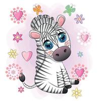 söt tecknad serie zebra sitter i blommor. barnslig randig karaktär, afrikansk djur vektor