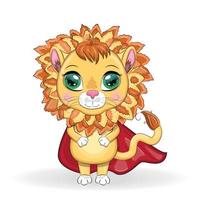 Cartoon-Löwenjunge im roten Superheldenmantel mit schönen Augen vektor