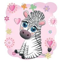 söt tecknad serie zebra sitter i blommor. barnslig randig karaktär, afrikansk djur vektor