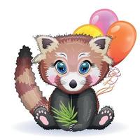 röd panda, söt karaktär med ballonger, hälsning kort, ljus barnslig stil. sällsynt djur, röd bok, Björn vektor