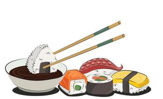 japanische küche asiatisches essen. für Restaurantmenüs und Plakate. Lieferstellen Vektor flache Illustration isoliert auf weißem Hintergrund. Sushi-Rollen-Onigiri-Sojasauce-Set. Bild auf Lager