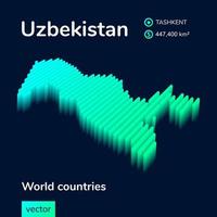 stilisierte neon einfache isometrische gestreifte usbekistan 3d vektorkarte in grün, türkis mintfarben