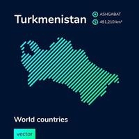 vektor kreative digitale neon flache linie kunst abstrakte einfache karte von turkmenistan mit grün, mint, türkis gestreifter textur auf dunkelblauem hintergrund. bildungsbanner, plakat über turkmenistan