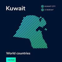 vektor kreativ digital neon platt linje konst abstrakt enkel Karta av kuwait med grön, mynta, turkos randig textur på mörk blå bakgrund. pedagogisk baner, affisch handla om kuwait